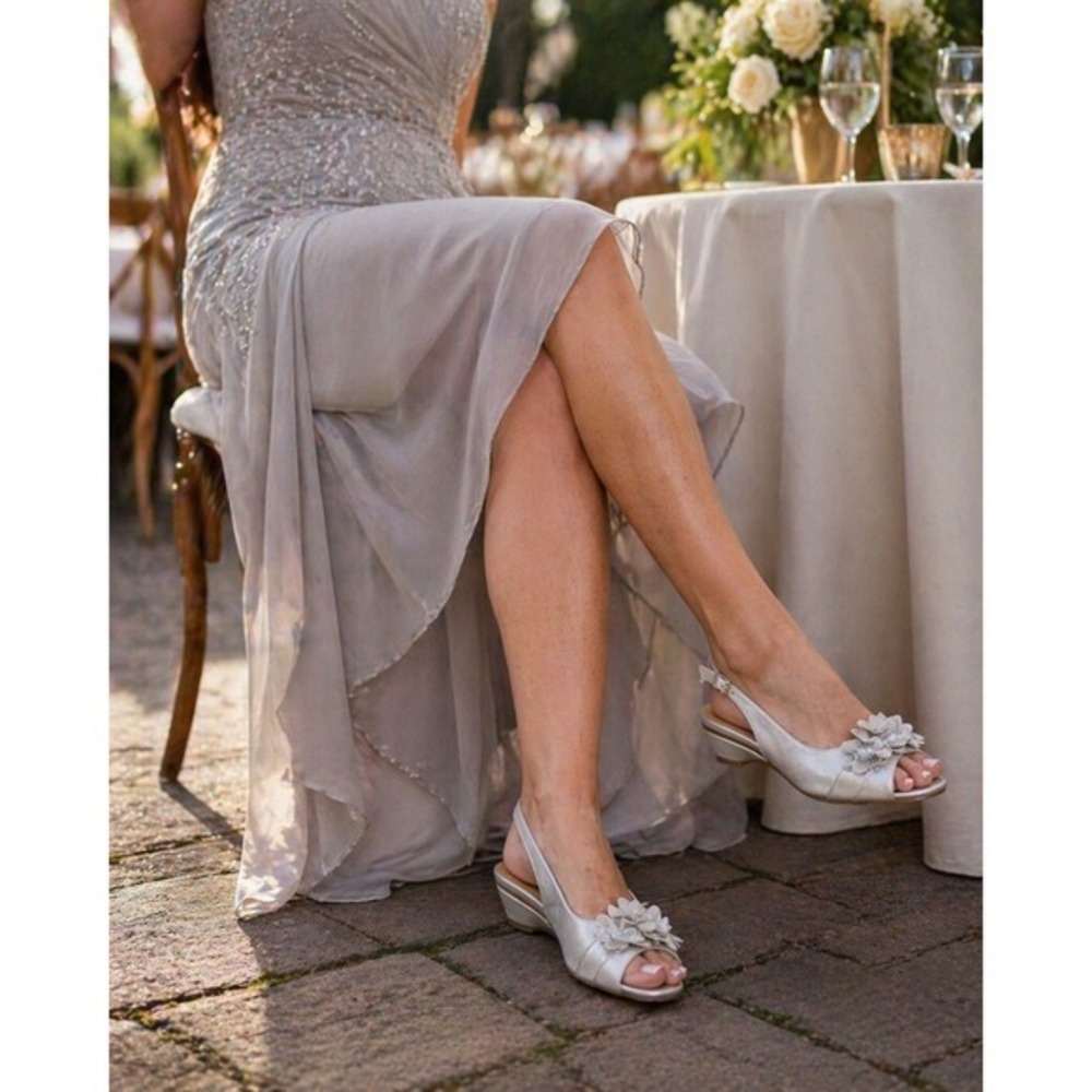comfortview Silver Peep-Toe Slingback Heels with Floral Accent